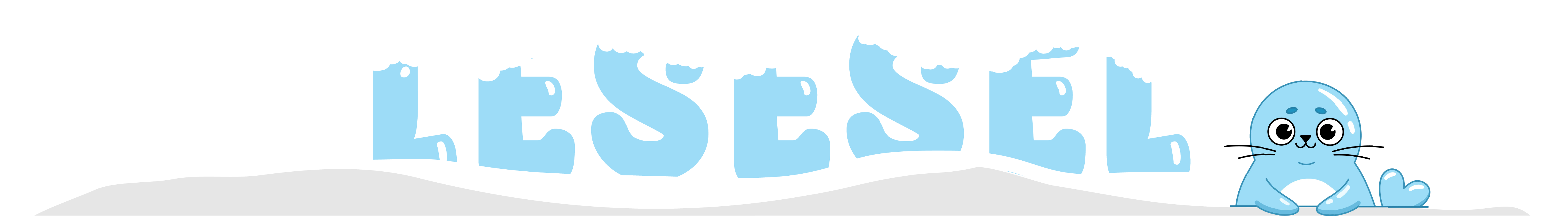 Lesesel logo, hvor lesesel teksten er dekket i snø. Til høyre for teksten er det en sel.